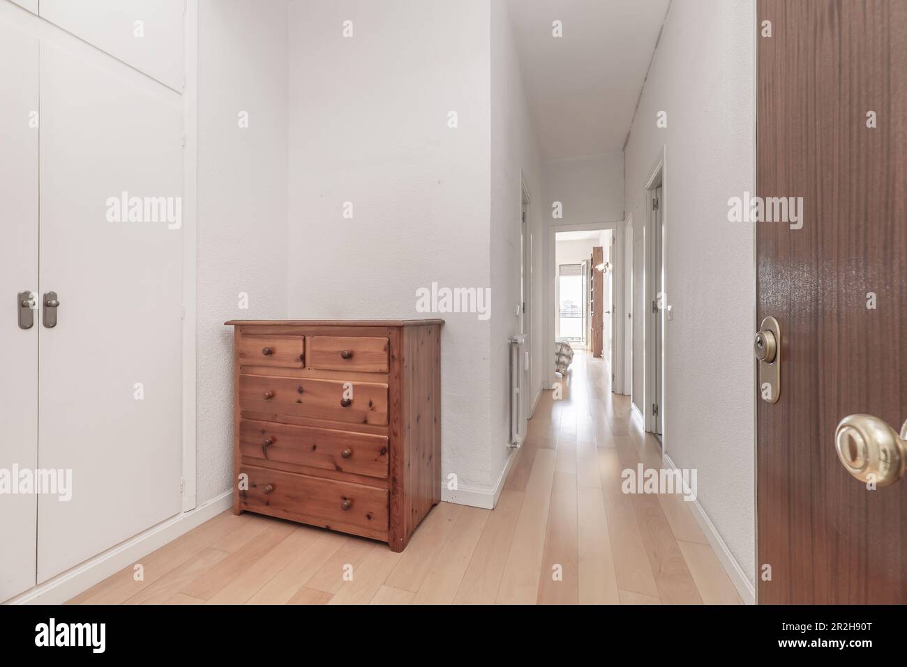 Hall d'entrée d'une maison avec placards blancs, un panneau latéral en pin de couleur miel et un long couloir avec plusieurs portes d'autres chambres Banque D'Images