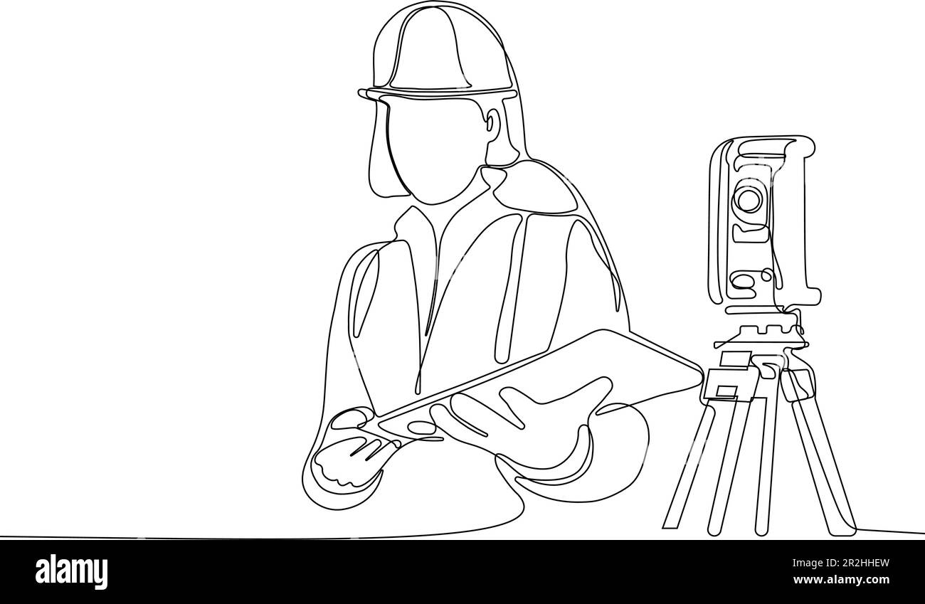 Gros plan d'un travailleur caucasien avec un casque sur la tête en utilisant une tablette pour le travail pendant qu'il se trouve dans l'entrepôt. Surveyor avec une icône de trépied. Trépied géodésique. Illustration vectorielle Illustration de Vecteur