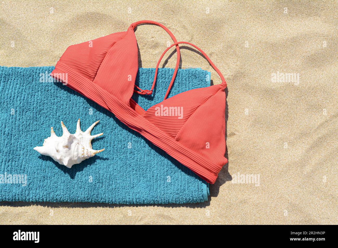Serviette, soutien-gorge et seashell sur sable, vue de dessus avec espace  pour le texte. Accessoires de plage Photo Stock - Alamy