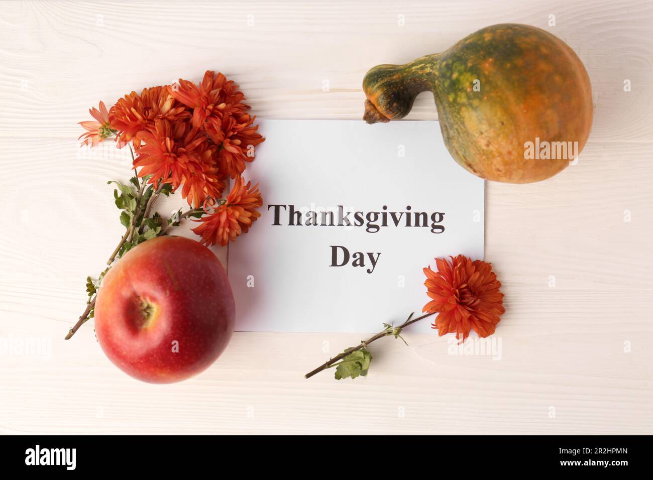 Jour de Thanksgiving, fête célébrée chaque quatrième jeudi de novembre. Carte, pomme, citrouille et fleurs de chrysanthème sur une table en bois blanc, plat Banque D'Images