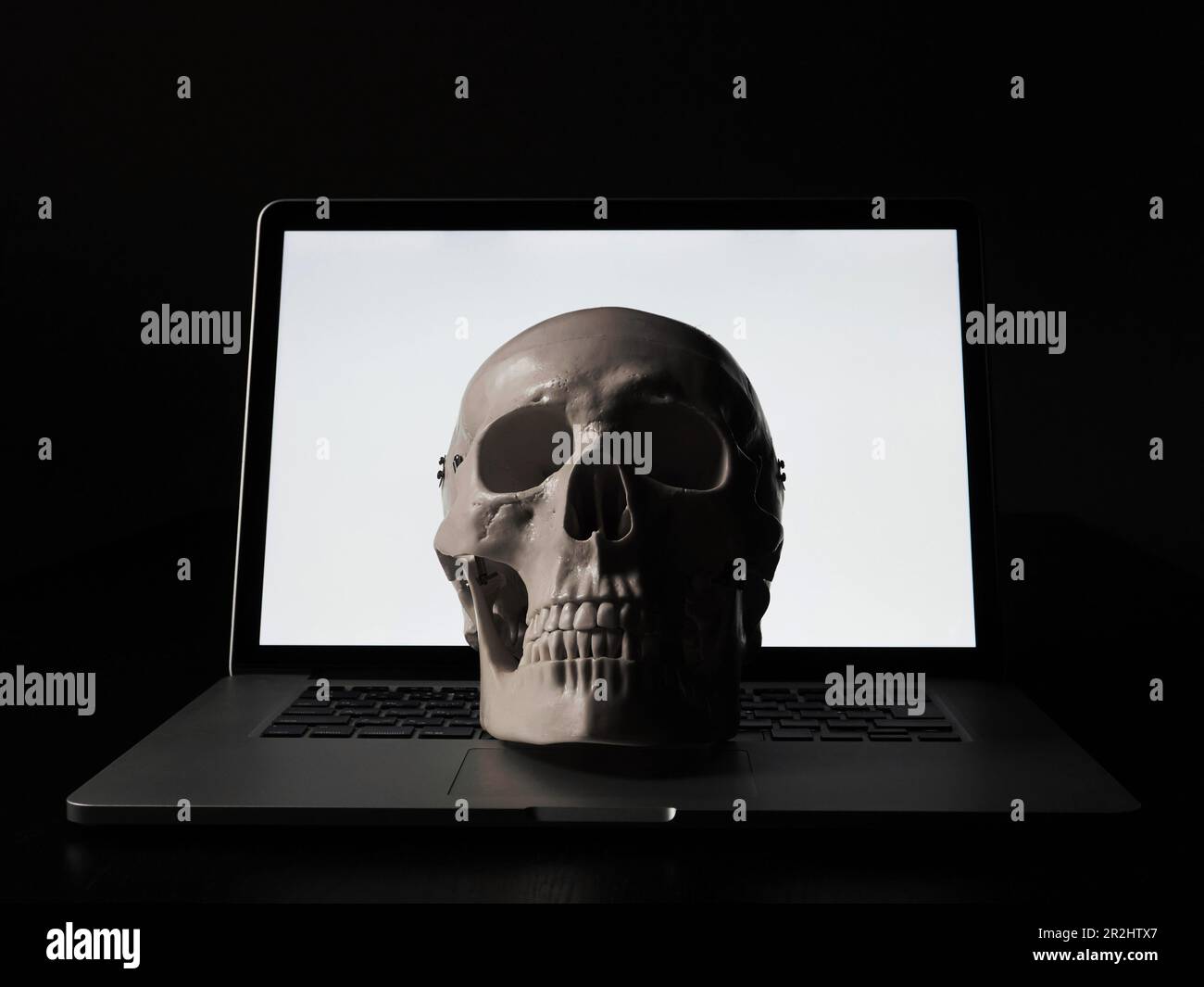 Un spécimen de crâne et une image abusive d'un ordinateur Banque D'Images
