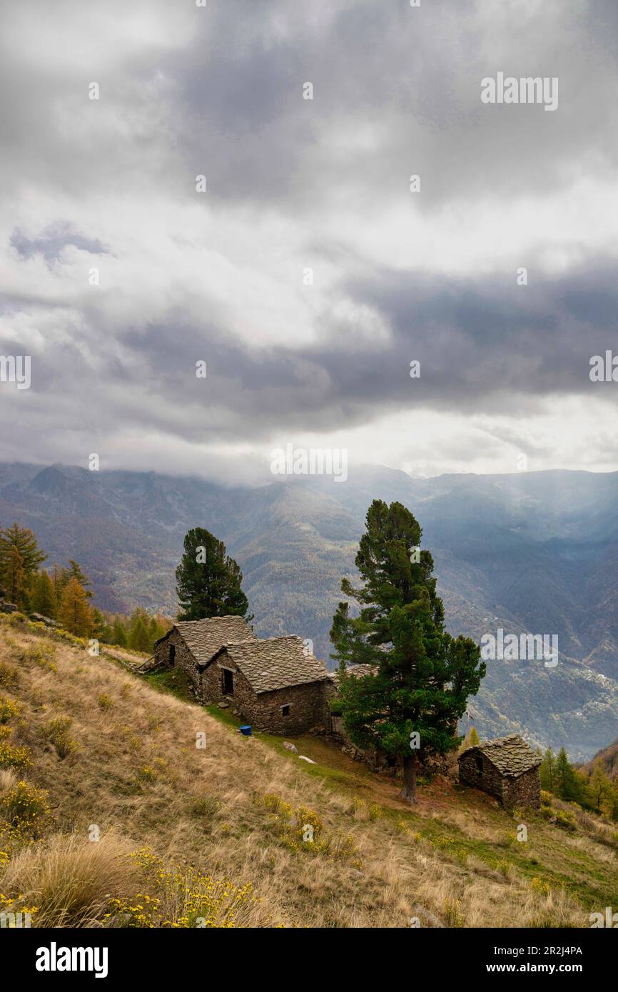 Vieux cabanes sur un pâturage de montagne. Vallée de Lys, Vallée d'Aoste, Italie Banque D'Images