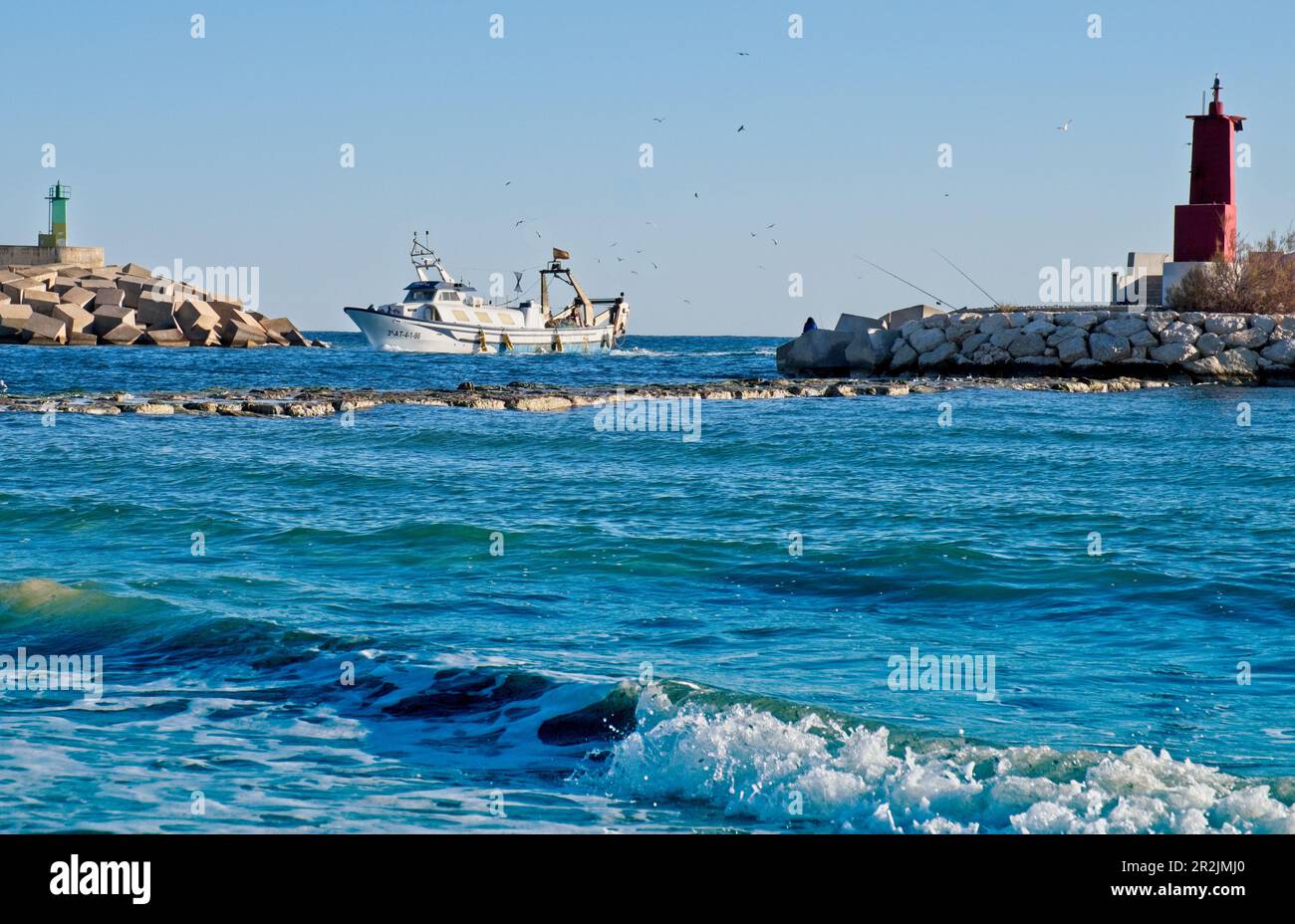 Villajoyosa Alicante Espagne 02.28.23 bateau de pêche espagnol blanc entouré de goélands entre dans un port entre les tours de phare. mur de défense côtière Banque D'Images