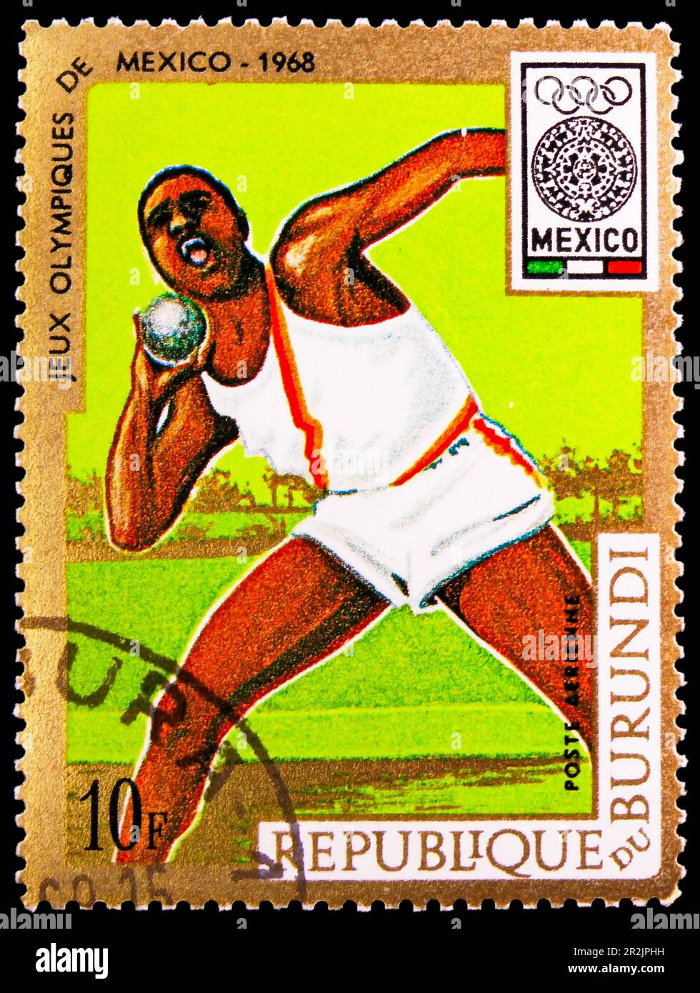 MOSCOU, RUSSIE - 18 MAI 2023 : timbre-poste imprimé au Burundi spectacles Shot put, Jeux Olympiques d'été 1968 - série Mexico, vers 1968 Banque D'Images