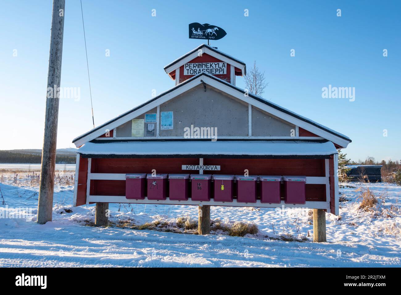 Boîtes postales à Torasjärvi, Toras-Sieppi, Muonio, Laponie, Finlande Banque D'Images