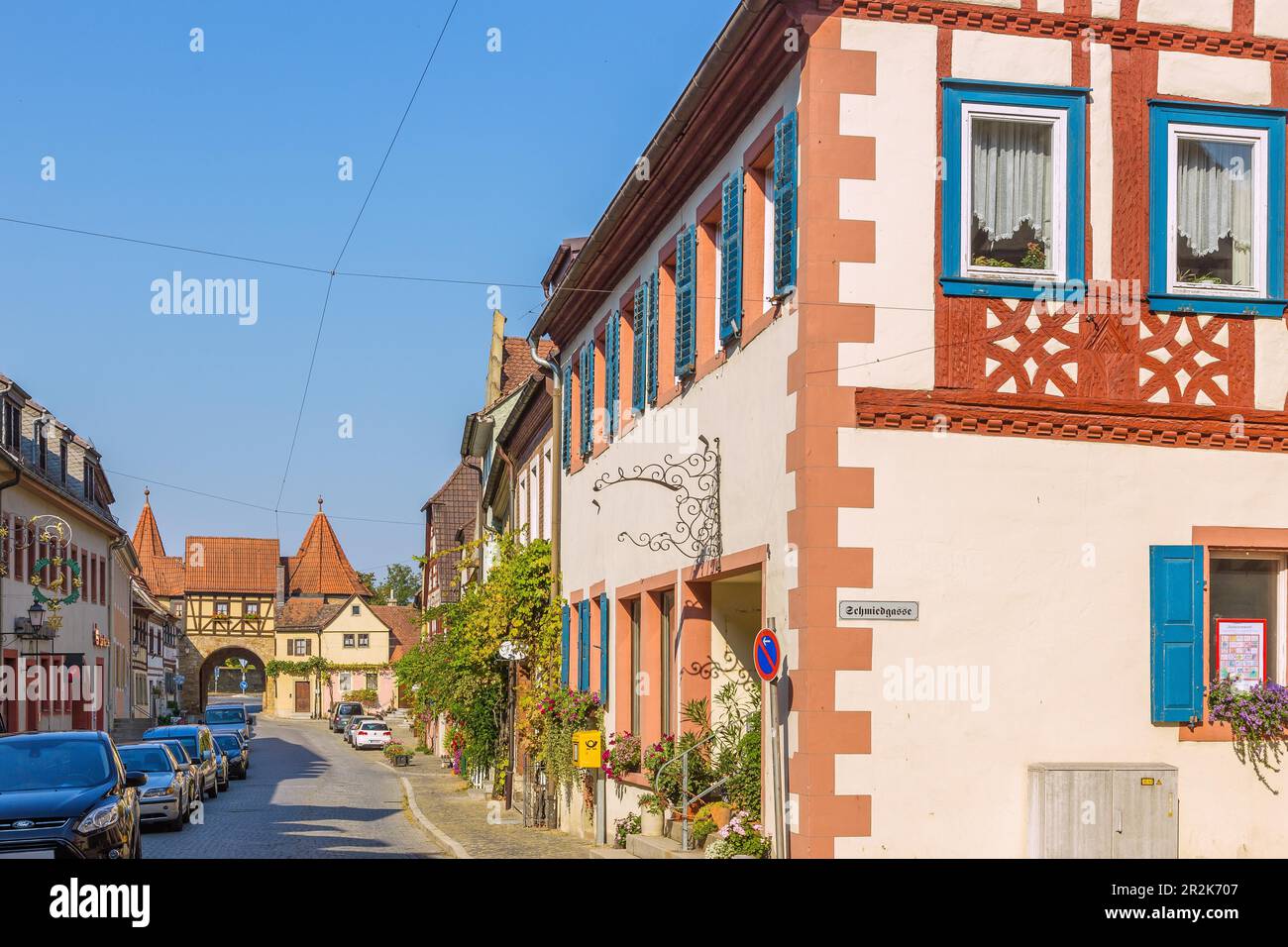 Prichsenstadt, porte ouest, côté ville, Luitpoldstraße, maisons à colombages Banque D'Images
