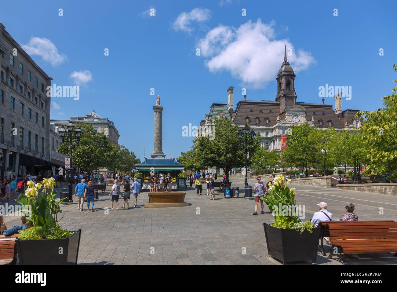 Montréal; place Jacques-Cartier, monument de l'amiral Nelson, Hôtel de ville Banque D'Images