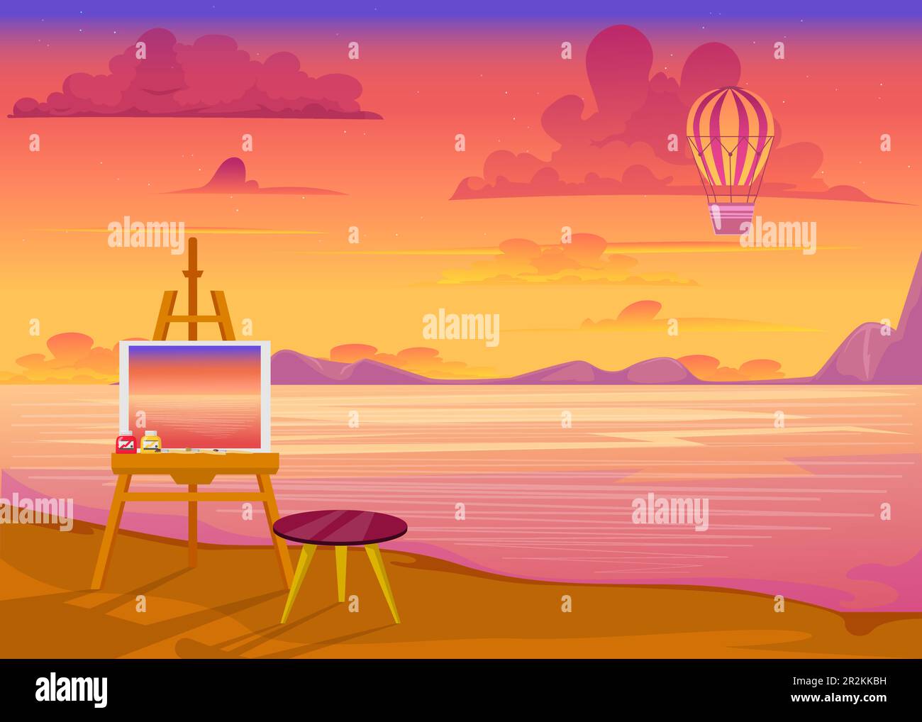 Illustration du vecteur plat de coucher de soleil rose sur l'océan Illustration de Vecteur
