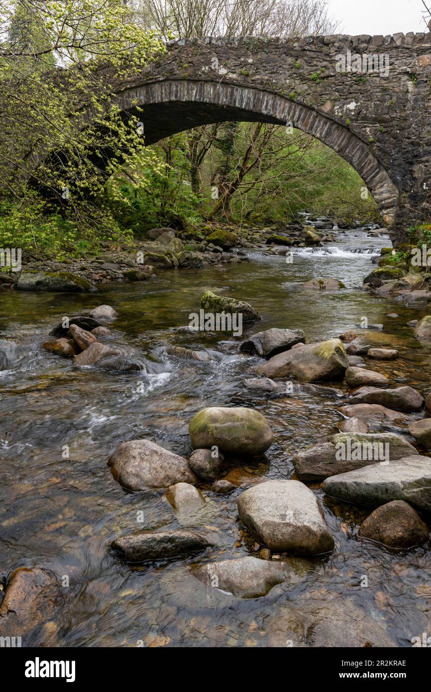 Bont Newydd près des chutes Aber, Abergwyngraygn, pays de Galles du Nord. Un vieux pont en pierre au-dessus de l'Afon Rhaeadr Fawr. Banque D'Images