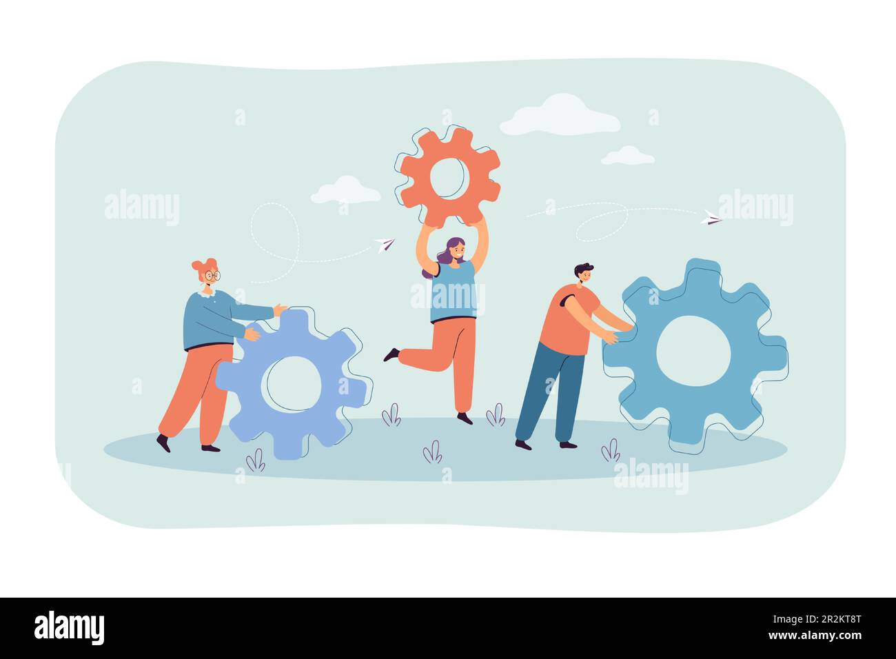 Équipe de personnes avec des engrenages qui font des réparations ou des mises à niveau Illustration de Vecteur