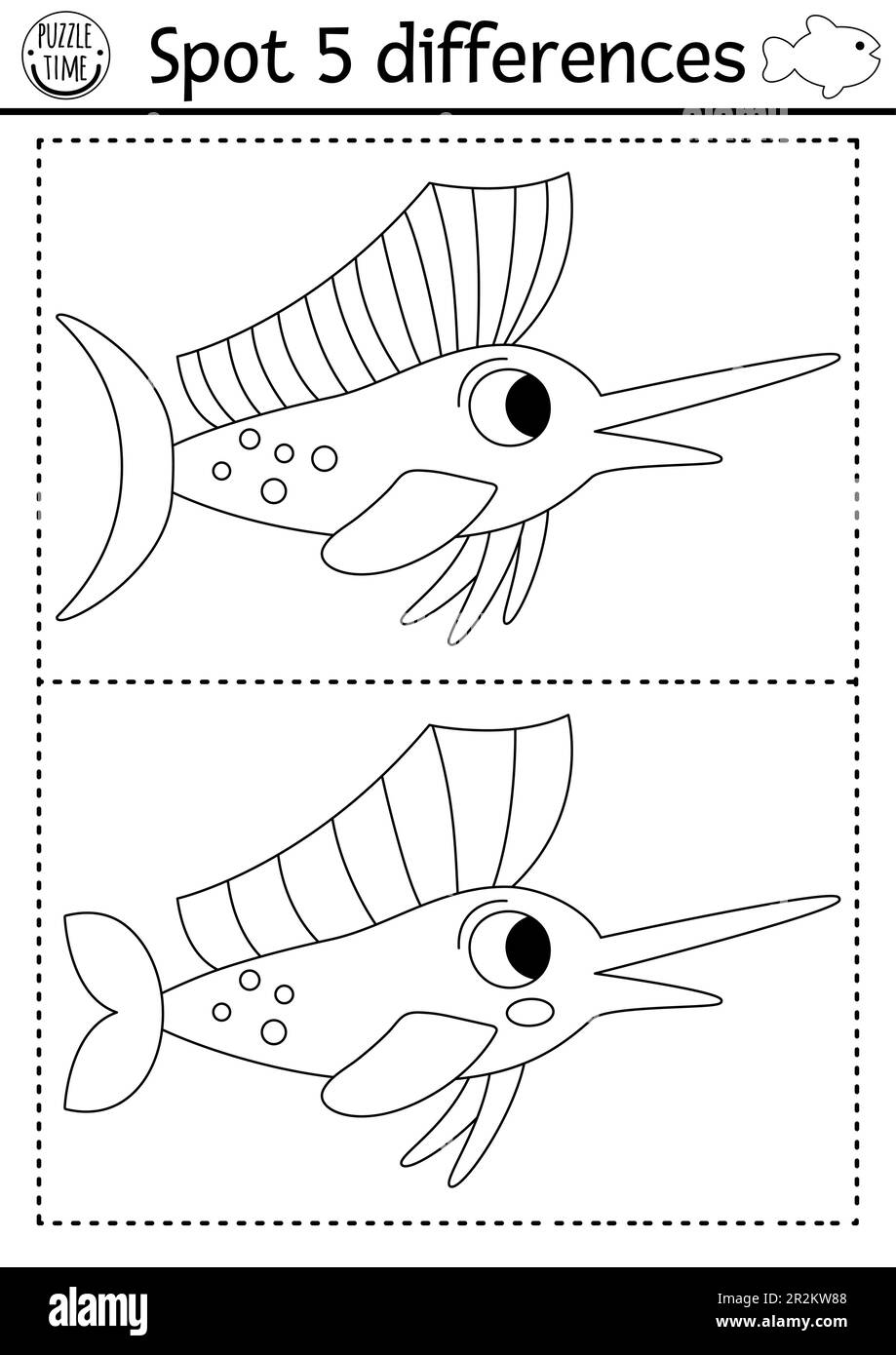 Trouver le jeu différences. Sous la mer, activité éducative noire et blanche avec de jolis poissons à voile. Casse-tête Ocean Life Line pour les enfants avec un animal aquatique. Non Illustration de Vecteur