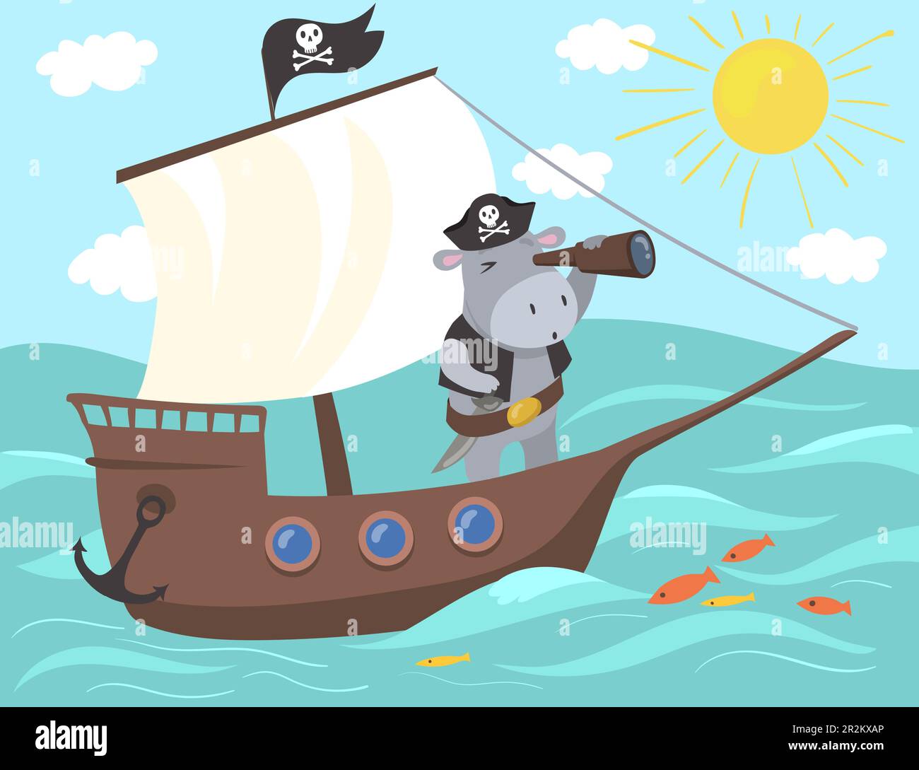 Pirate hippopotamus en utilisant l'illustration de jumelles Illustration de Vecteur