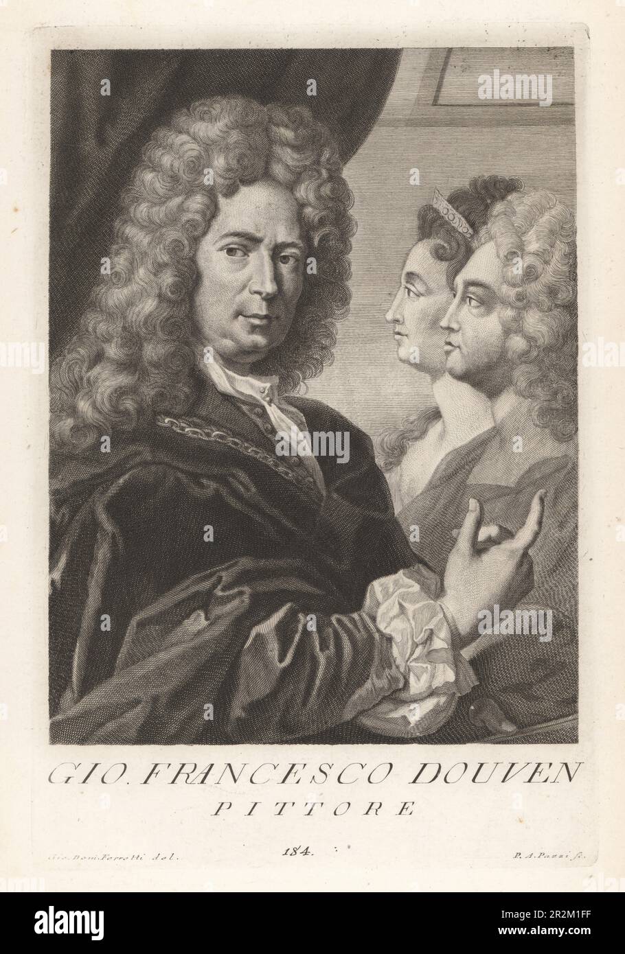 Jan Frans van Douven, ou Johan François Douven, peintre de portrait néerlandais du sud, appartenant à l'école néerlandaise de Leyden, 1656-1727. Autoportrait en perruque et chaîne en poudre, avec son portrait de l'électeur Palatine couple, Johann Wilhelm II et sa seconde épouse Anna Maria Luisa de' Medici. Gio. Francesco Douven, Pittore. Gravure sur plaque de coperplate par Pietro Antonio Pazzi d'après Giovanni Domenico Ferretti après un autoportrait de l'artiste du Museo Florentino de Francesco Moucke, Serie di Ritratti de Pittori (série de Portraits de Peintres) stampia Mouckiana, Florence, 1 Banque D'Images