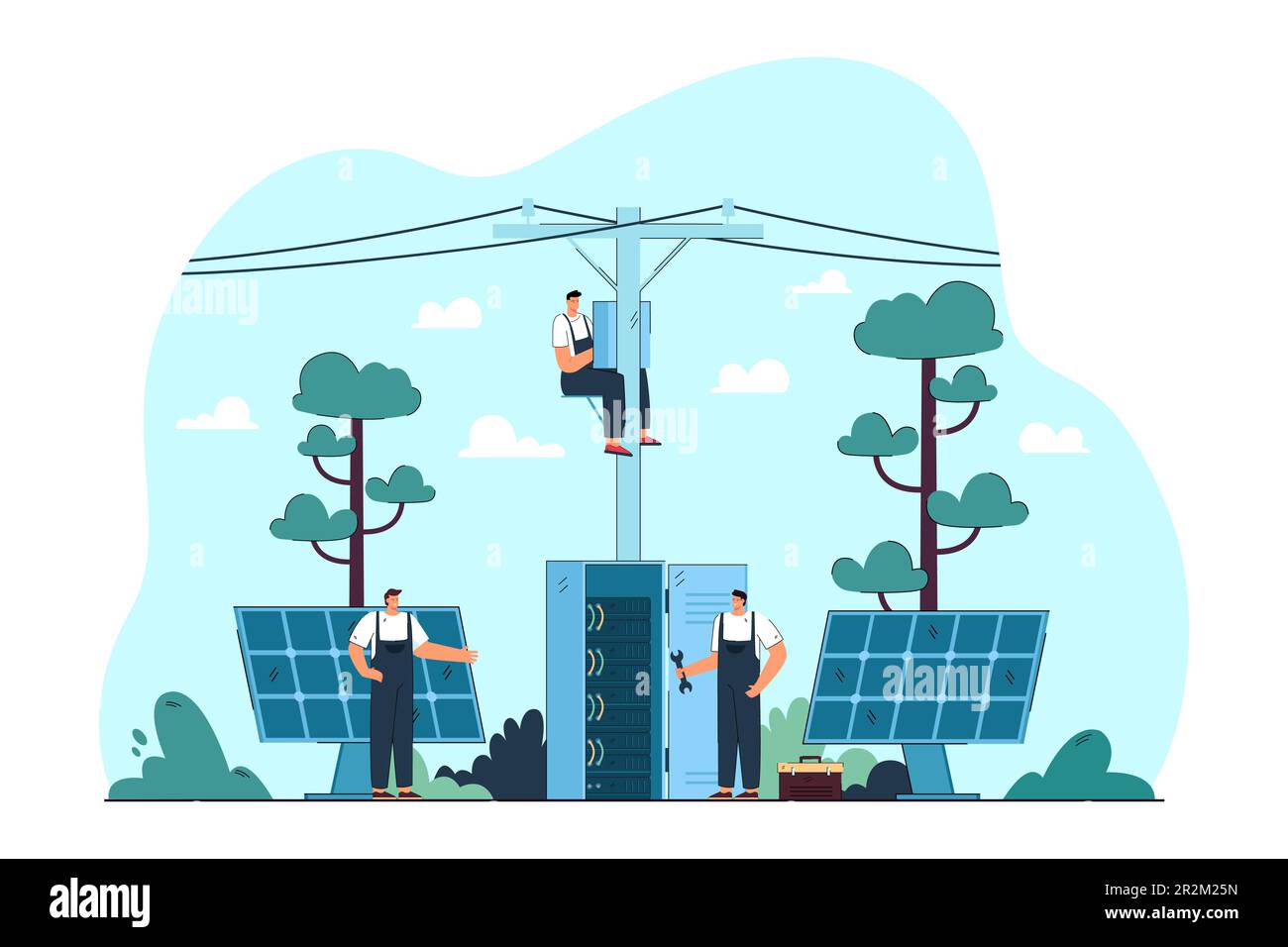 Électriciens réparant les panneaux électriques et solaires dans les rues Illustration de Vecteur