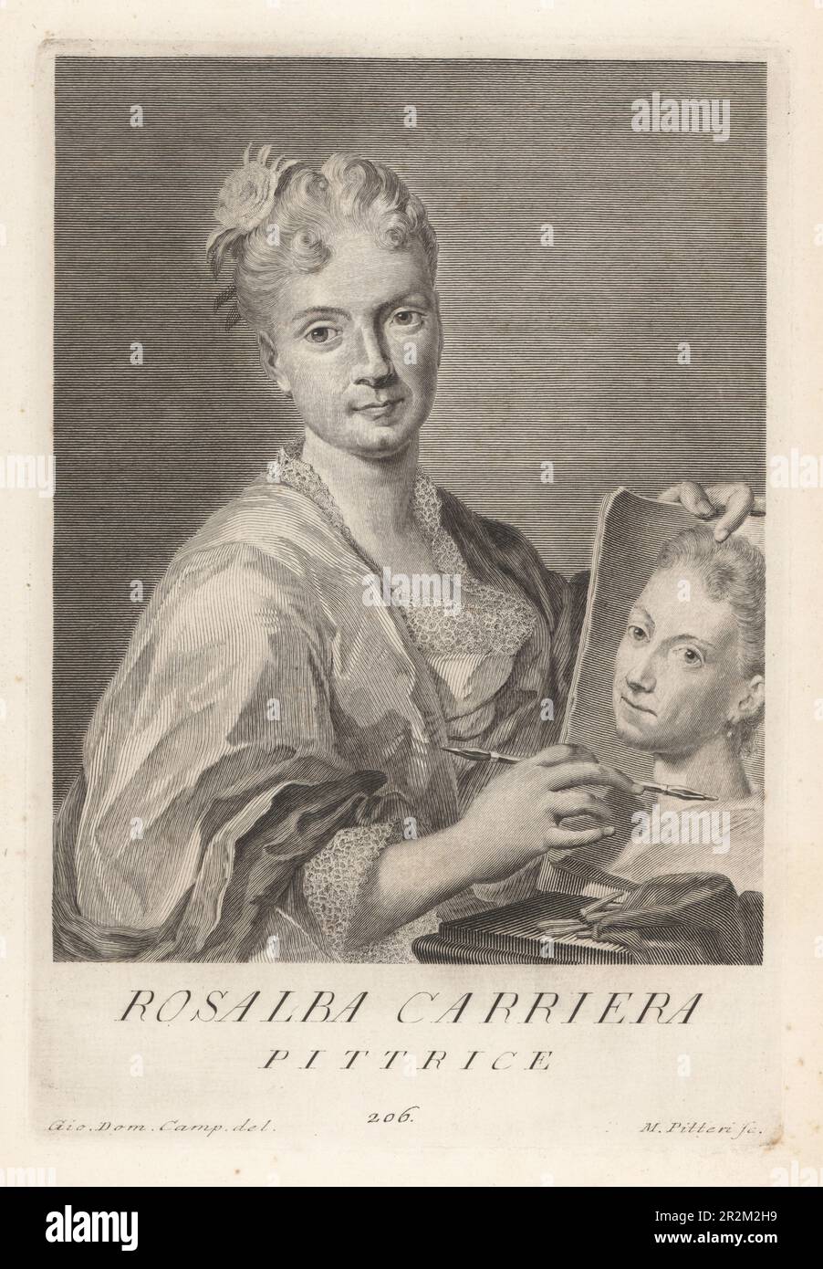 Rosalba Carriera, peintre rococo vénitien de miniatures de portrait et de portraits de pastel, 1673-1757. Porte-craie à deux extrémités et autoportrait dans des tons pastels. Pittrice. Gravure sur plaque de coperplate par Pietro Antonio Pazzi d'après Giovanni Domenico Campiglia après un autoportrait par l'artiste du Museo Florentino de Francesco Moucke, Serie di Ritratti de Pittori (série de Portraits de Peintres) stampia Mouckiana, Florence, 1752-62. Banque D'Images