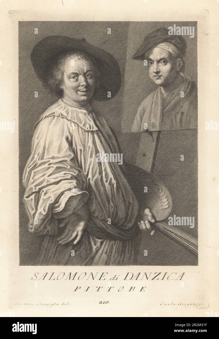 Salomon Adler, peintre allemand de la période baroque, actif à Milan et Bergame en tant que peintre de portrait, 1630-1709. Né à Danzig (Gdańsk), décédé à Milan. En maque avec palette et pinceaux devant toile et chevalet. Salomone de Danzica, Pittore. Gravure sur plaque de coperplate par Carlo Gregori d'après Giovanni Domenico Campiglia après un autoportrait de l'artiste du Museo Florentino de Francesco Moucke, série di Ritratti de Pittori (série de Portraits de Peintres) stampia Mouckiana, Florence, 1752-62. Banque D'Images