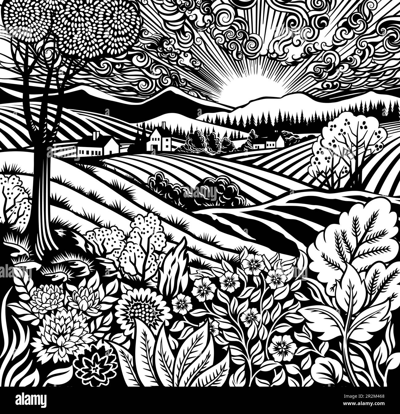 Champs Rolling Hills Farm Land fleurs arrière-plan Illustration de Vecteur