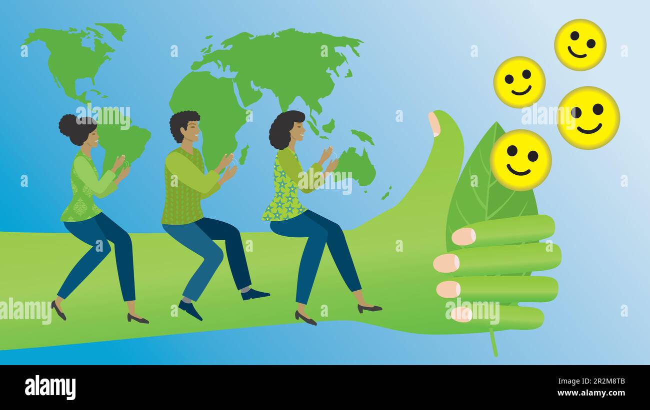 Groupe de personnes assis sur la main verte, apploudant et donnant des smileys à la durabilité. Dimesnsion 16:9. Illustration vectorielle. Illustration de Vecteur