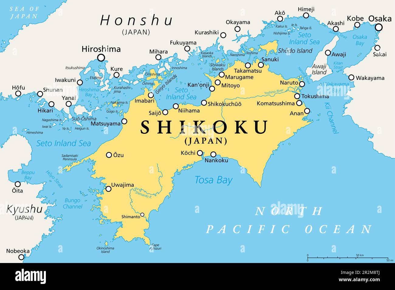 Shikoku, carte politique. Région et plus petite des quatre principales îles du Japon, au nord-est de Kyushu, et au sud de Honshu, séparées par la mer intérieure de Seuto. Banque D'Images