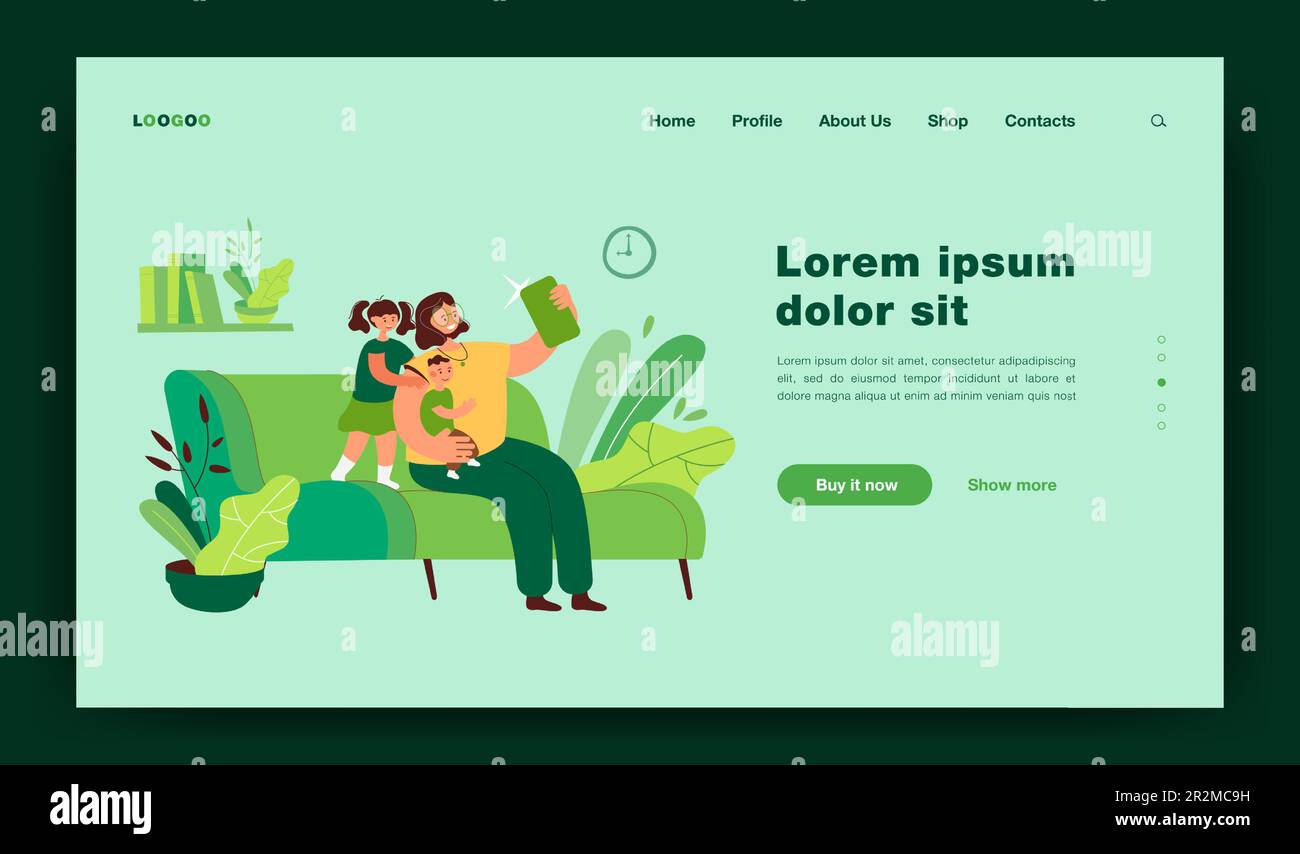 Mère souriante prenant le selfie avec des enfants au téléphone Illustration de Vecteur