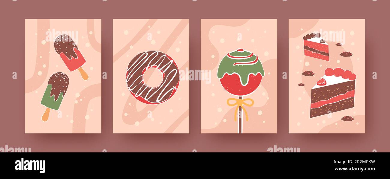 Ensemble d'affiches contemporaines avec glaces, beignets et gâteaux Illustration de Vecteur