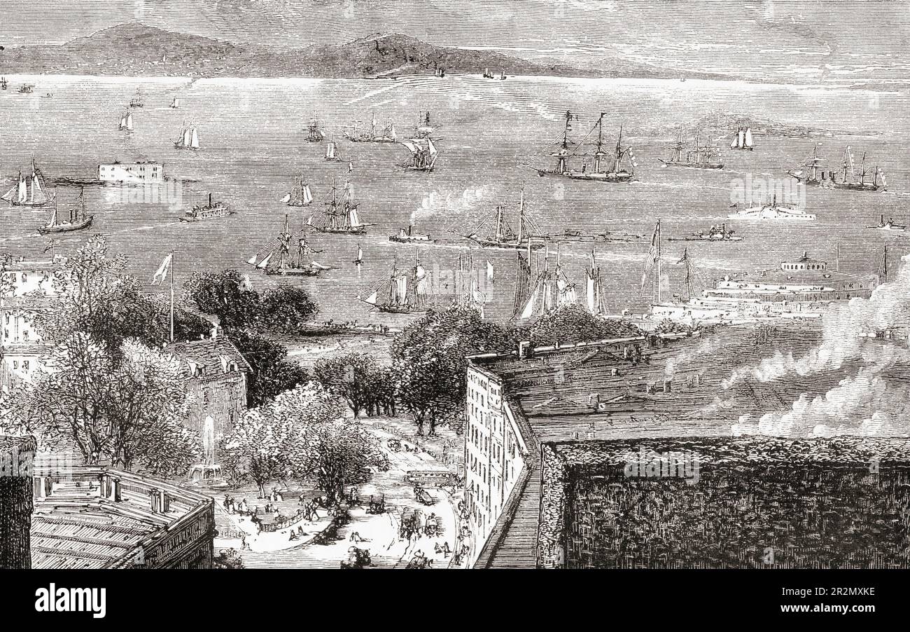 Vue de la baie de New York, États-Unis d'Amérique, vue ici au 19th siècle. De l'Amérique revisité: De la baie de New York au golfe du Mexique, publié en 1886. Banque D'Images
