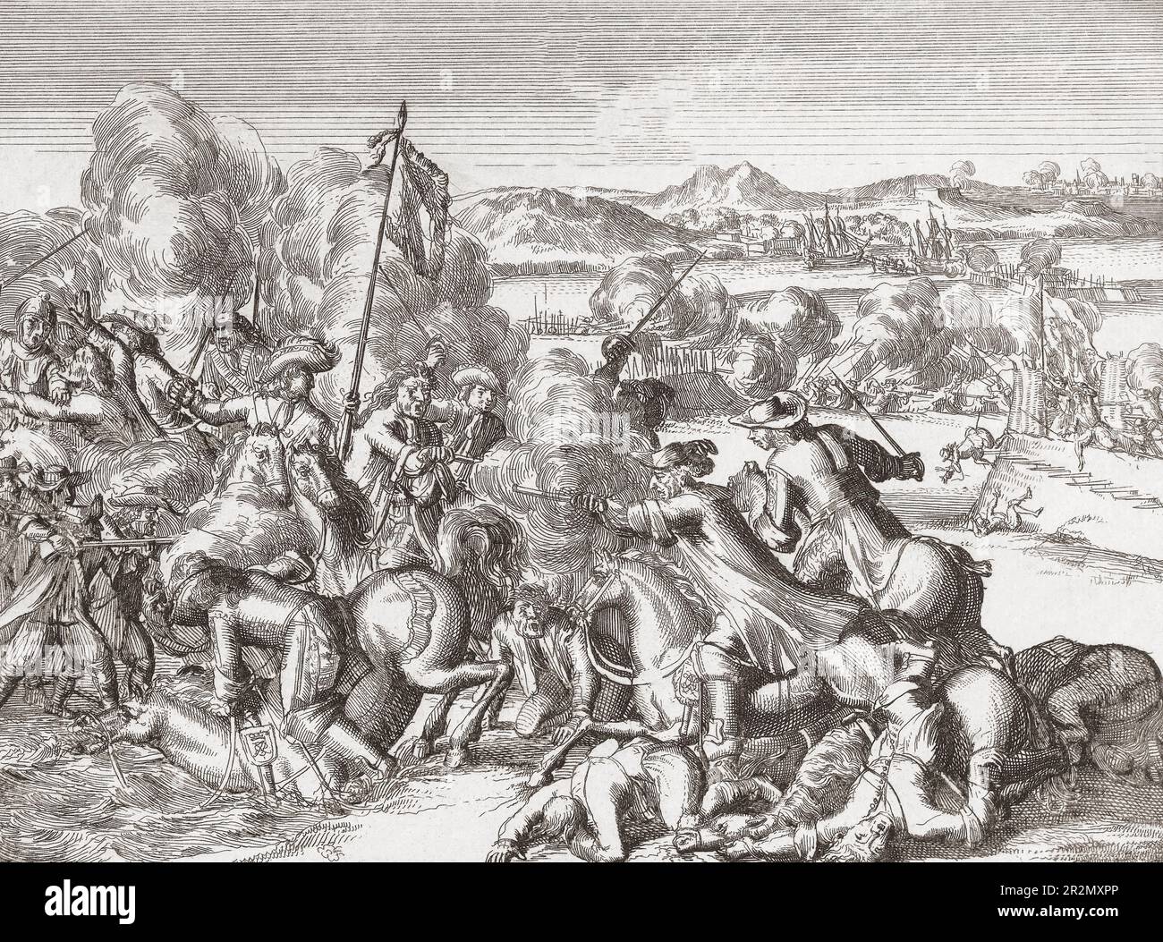 Siège de Derry. Le soulagement de Londonderry, en Irlande, sur 28 juillet 1689 pendant la guerre Williamite-Jacobite. Après une impression par Pickaert. Banque D'Images