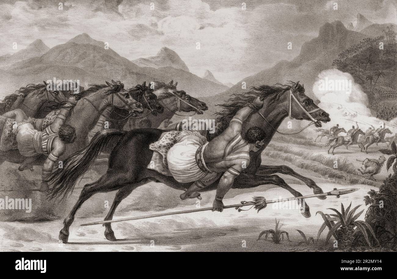 Guerriers tribaux brésiliens Guaycurú à cheval faisant payer un ennemi. Après un travail des années 1830 par Jean Baptiste Debret. Banque D'Images