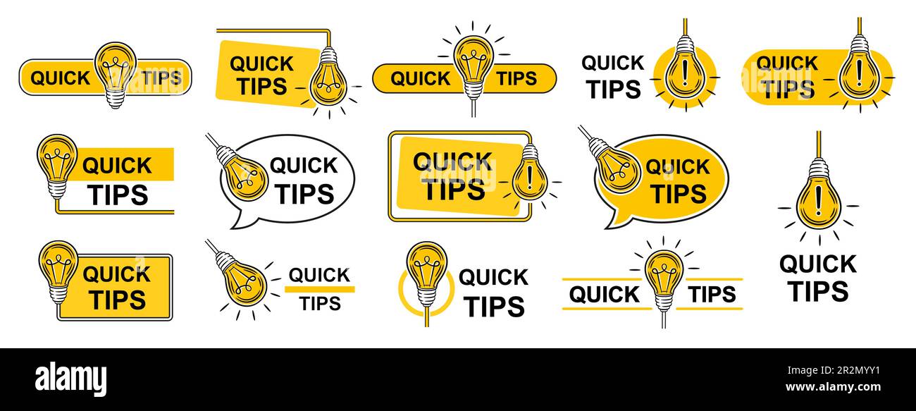 Conseils rapides, conseil, conseils utiles avec l'ampoule électrique, le saviez-vous, informations utiles d'apprentissage jeu d'icônes. Idée, bulle de discours d'aide d'expert. Vecteur Illustration de Vecteur