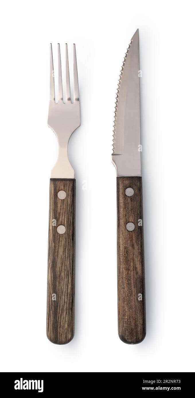 Ensemble de coutellerie avec fourchette et couteau isolé sur fond blanc Banque D'Images