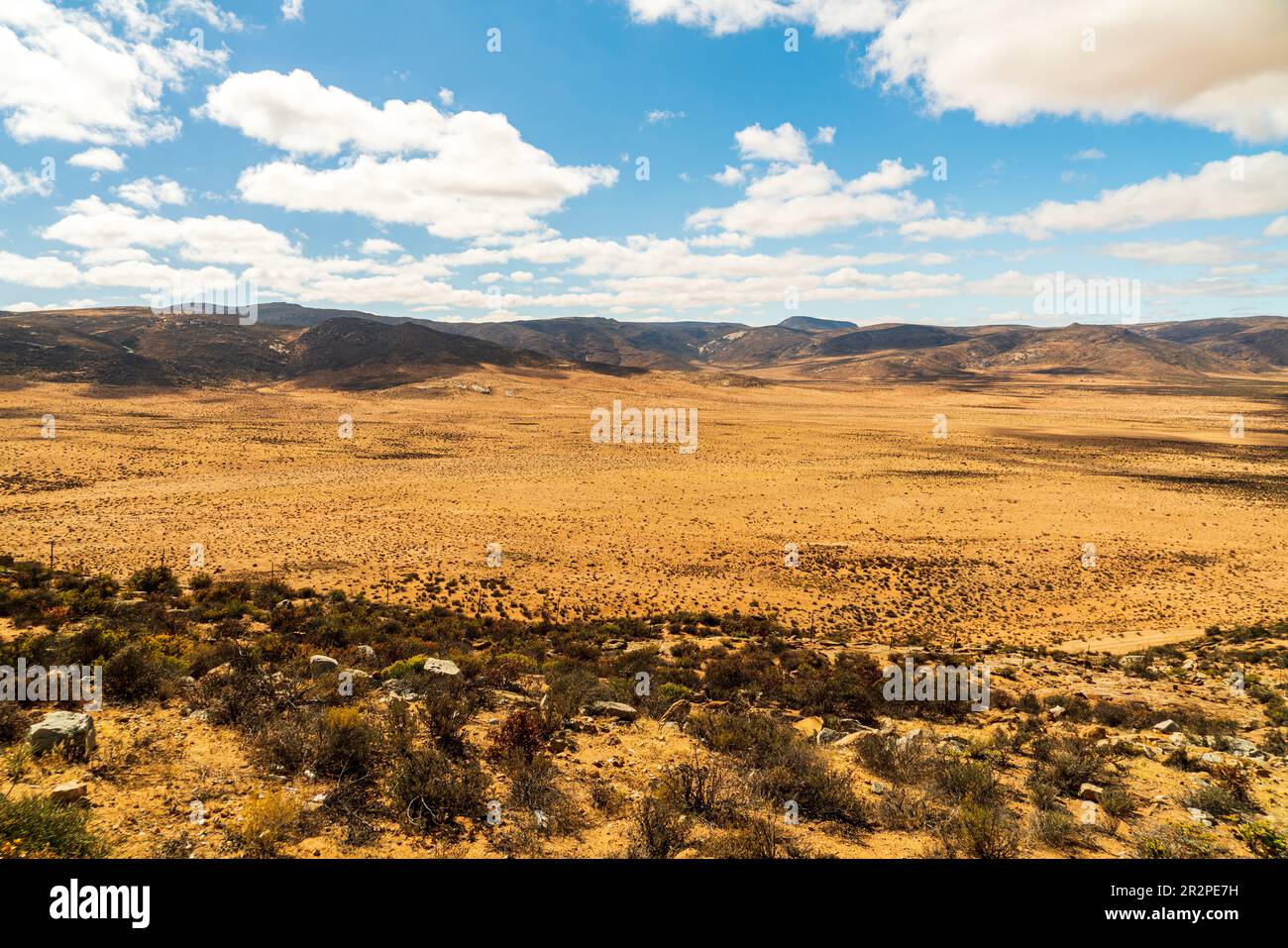 Grand paysage africain aride avec ciel bleu, nuages et sol sec rouge jaune. Banque D'Images