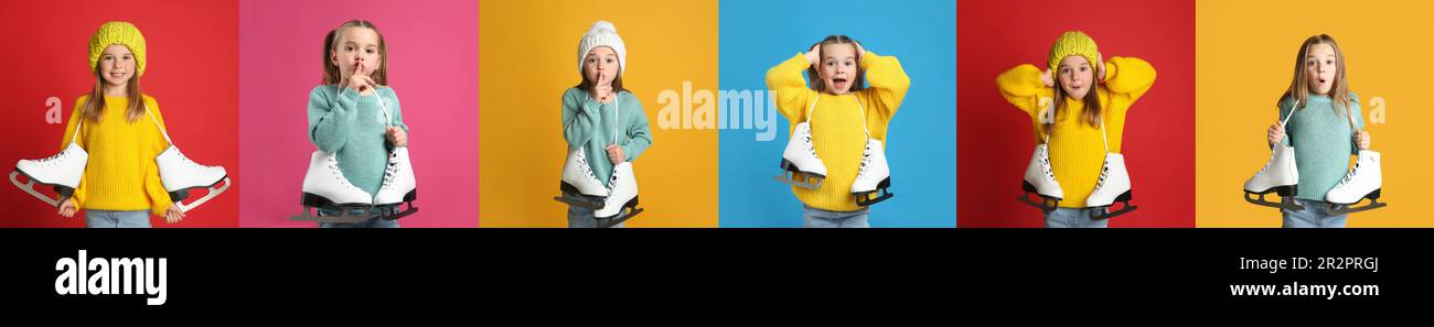 Collage avec photos de petite fille mignonne avec patins à glace sur fond de couleur, bannière Banque D'Images
