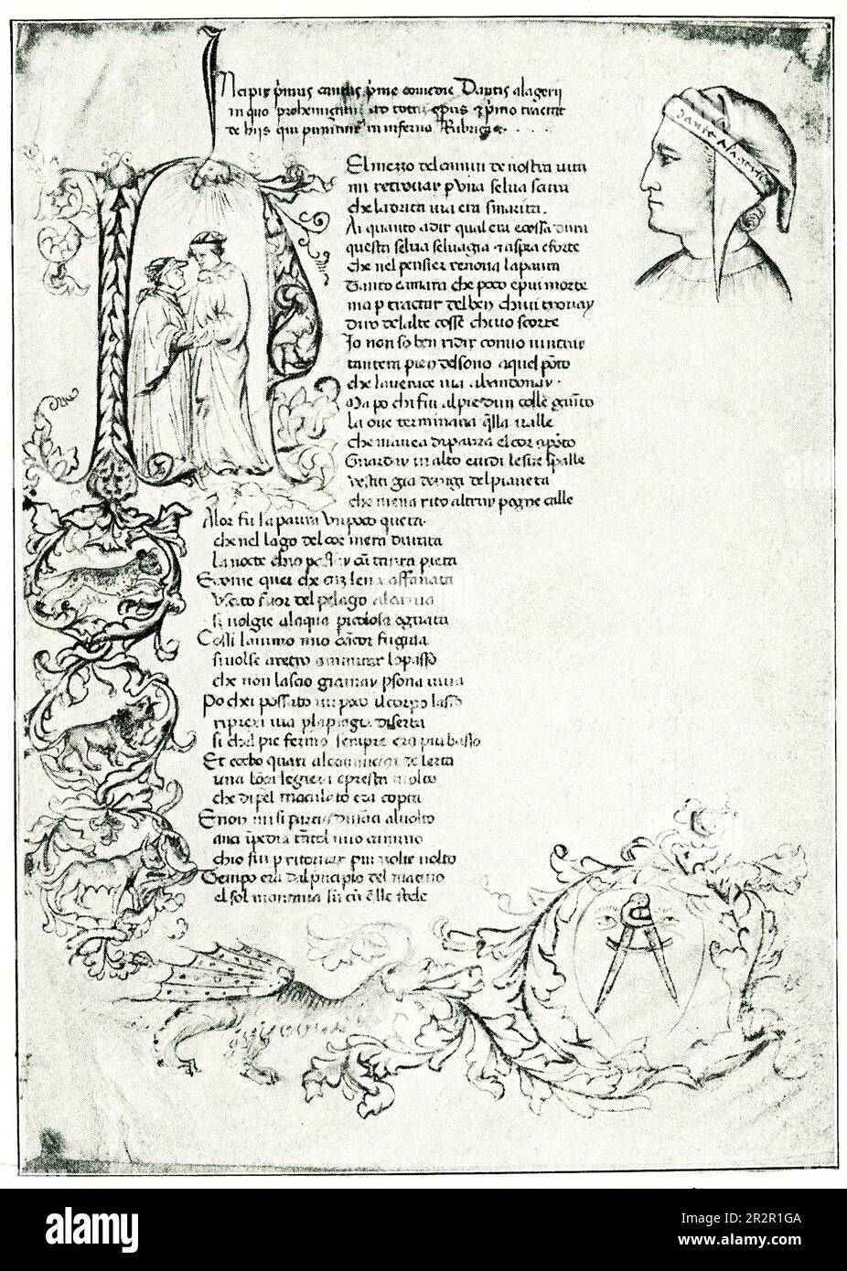La légende de 1906 se lit comme suit: 'La première page de la Divine Comédie de Dante. Manuscrit toscan du 14th siècle. L'original est dans la bibliothèque du Maine à Vienne. Banque D'Images