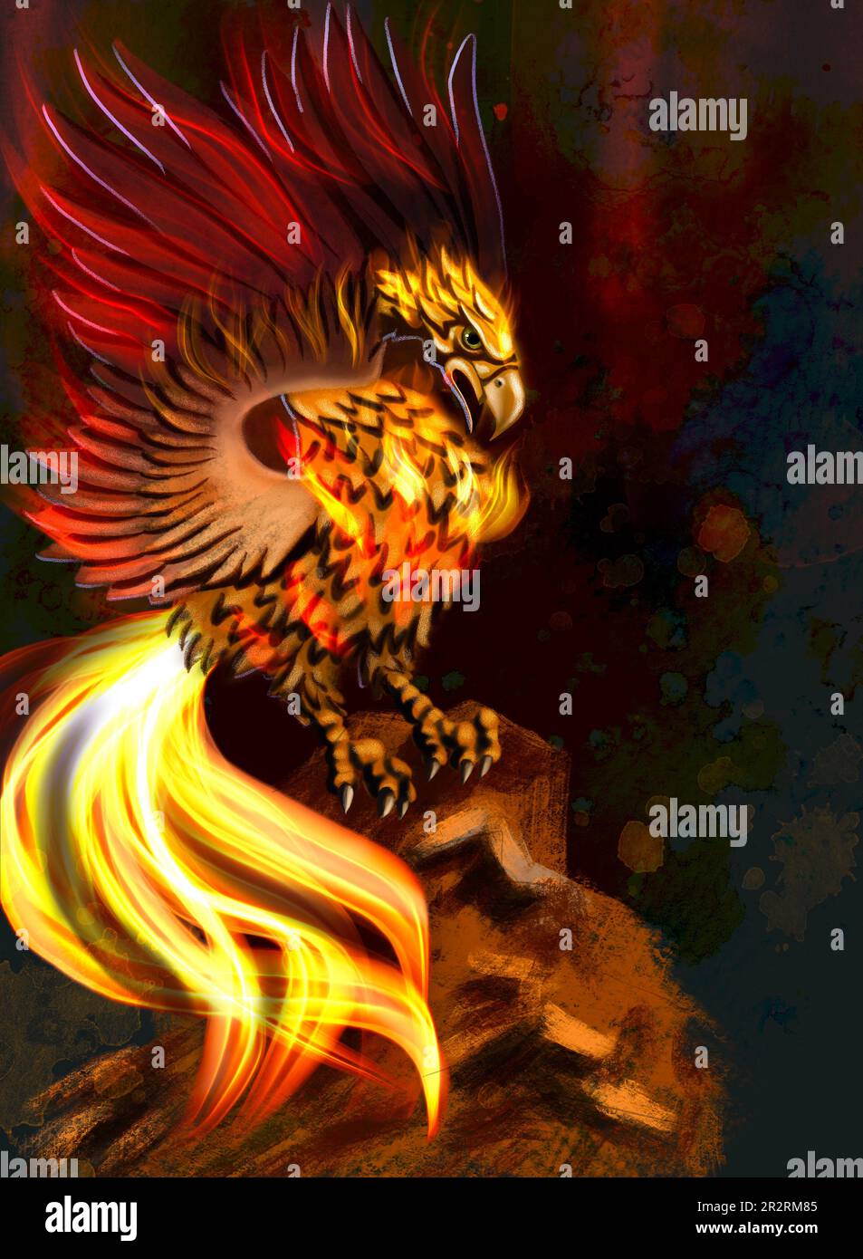 Illustration numérique - un oiseau mythique de Phoenix, renaissant du feu et couvert de flammes de feu. Banque D'Images