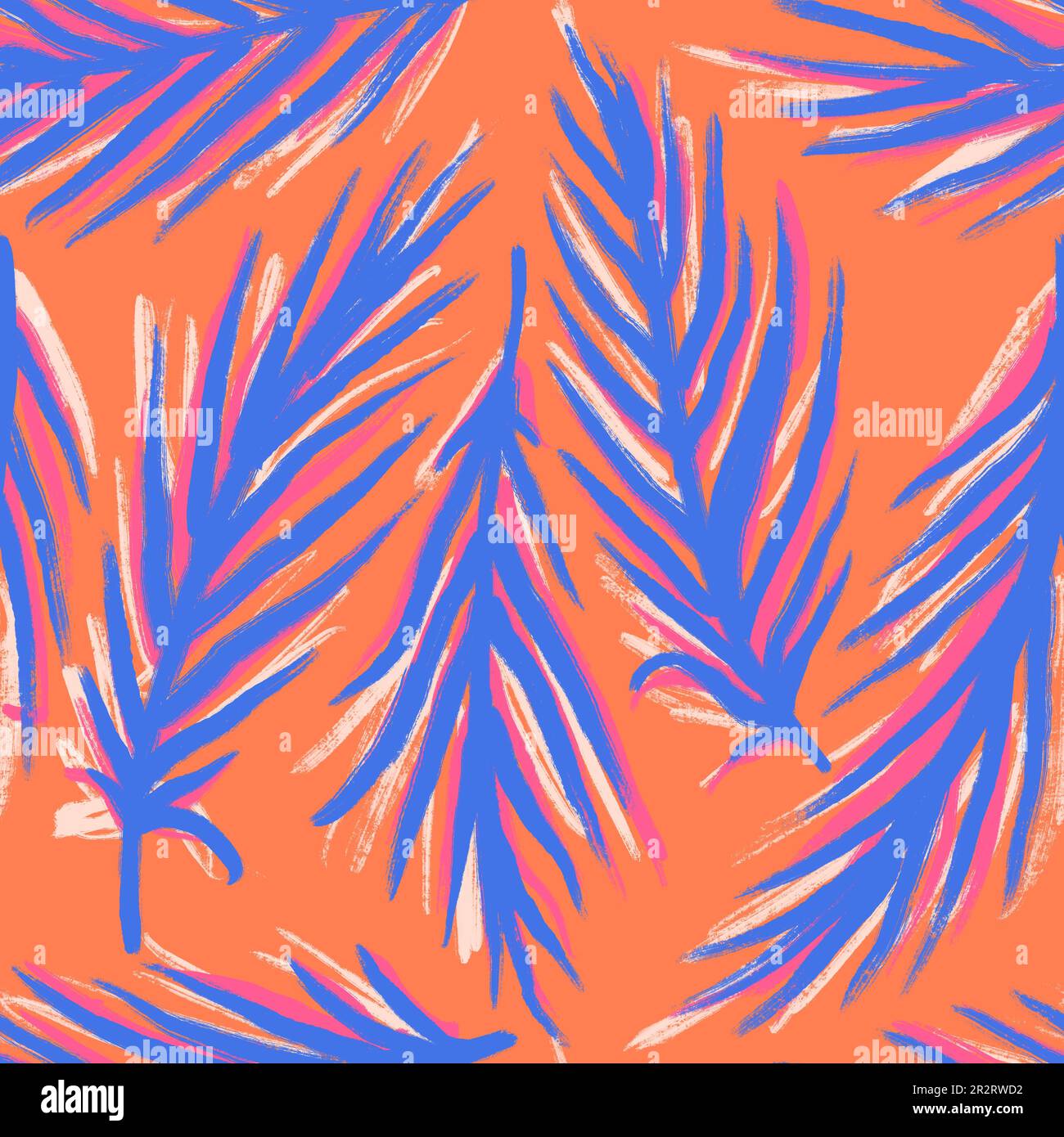 Motif sans couture dessiné à la main avec feuilles de palmier bleues, imprimé fille orange. Tropical jungle vacances design, mignonne été plante nature lumineux coloré vibrant Banque D'Images