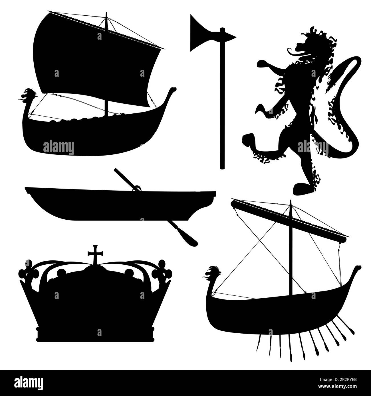 ENSEMBLE silhouette Vikings. Crown, Ax, bateau, bateau Lion. Illustration vectorielle isolée sur fond blanc. Illustration de Vecteur