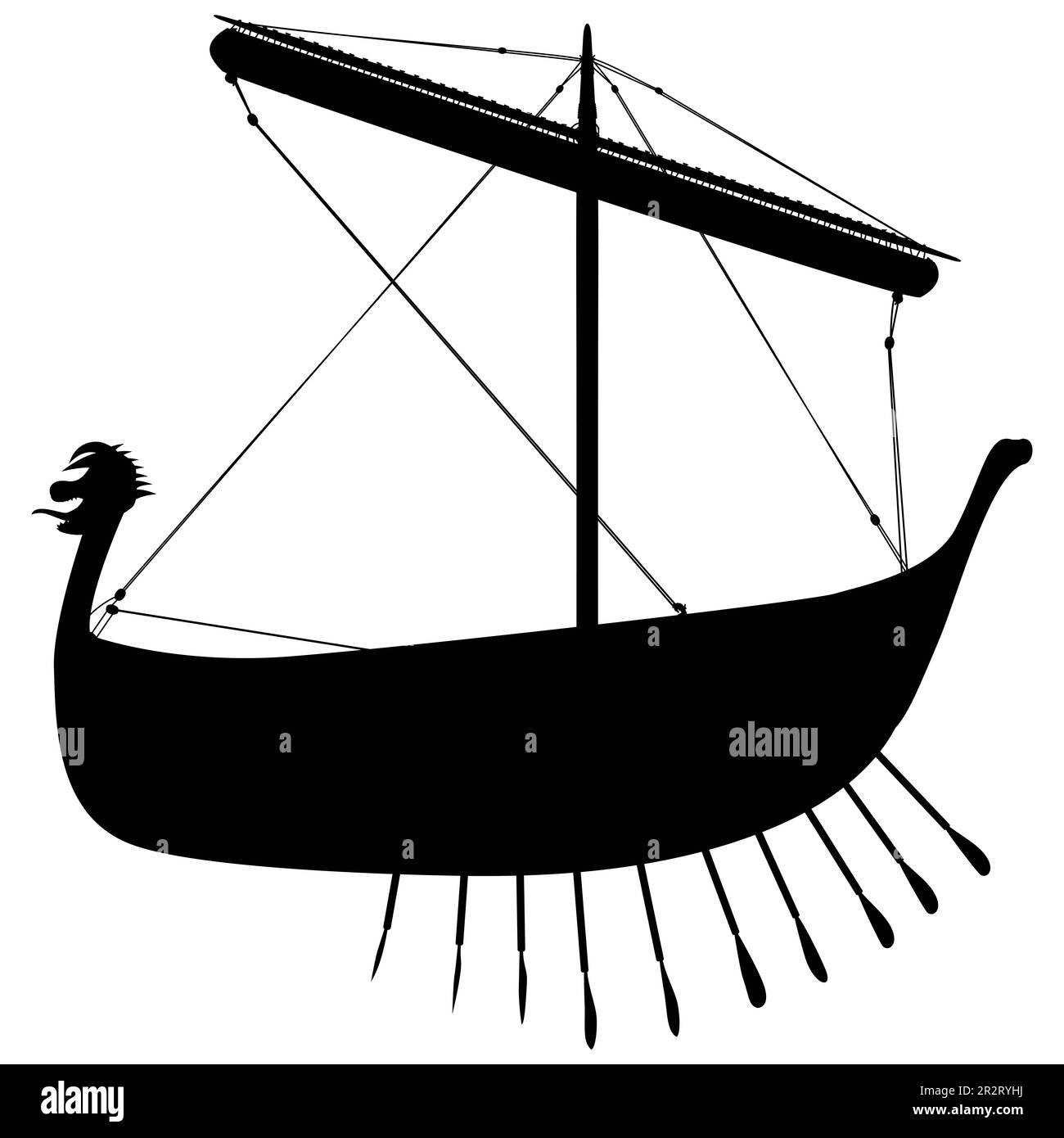 Silhouette drakkar scandinave viking. Navire à ramer normand. Illustration isolée sur fond blanc. Banque D'Images