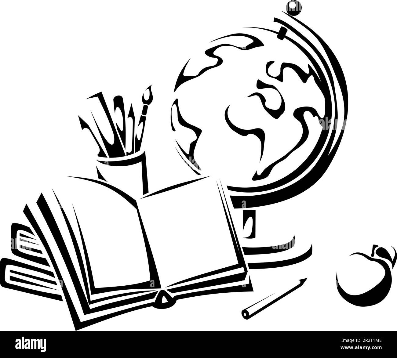Globe, livres et papeterie. Illustration vectorielle noir et blanc d'un globe, de livres, de stylos et d'une pomme sur fond blanc. Symbole éducation Illustration de Vecteur