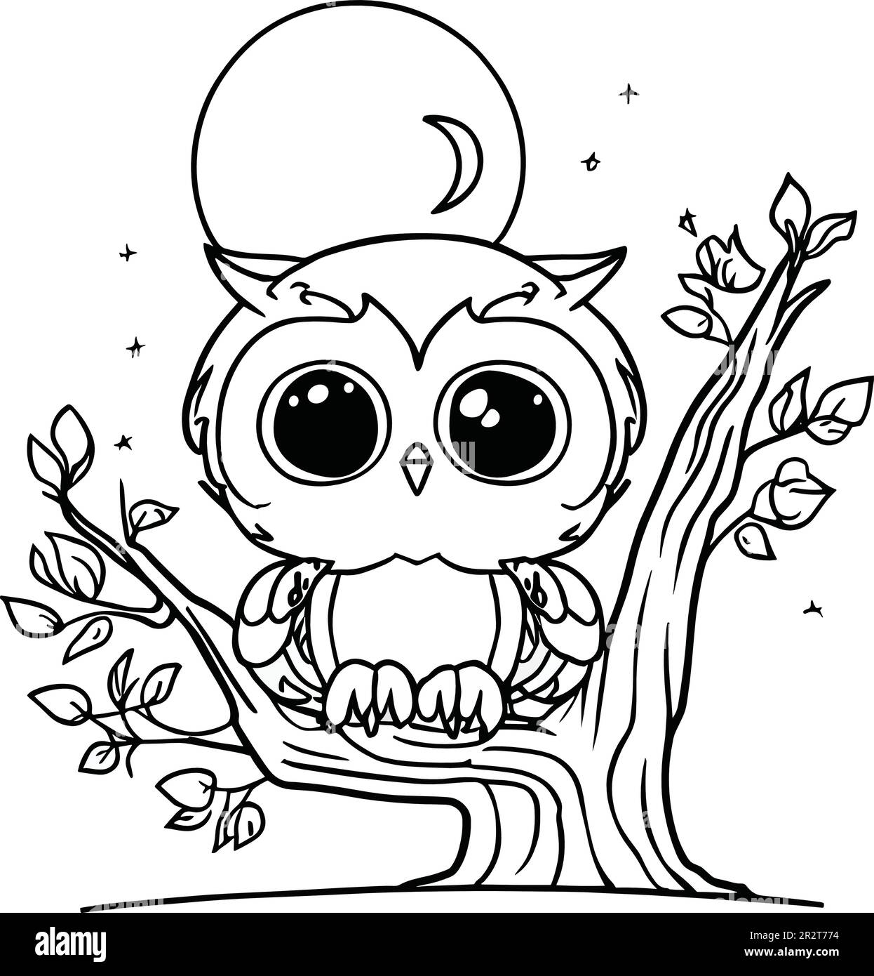 hibou sur une branche d'arbre en automne lune feuilles vertes automne automne saison automne coloriage illustration livre de coloriage Illustration de Vecteur