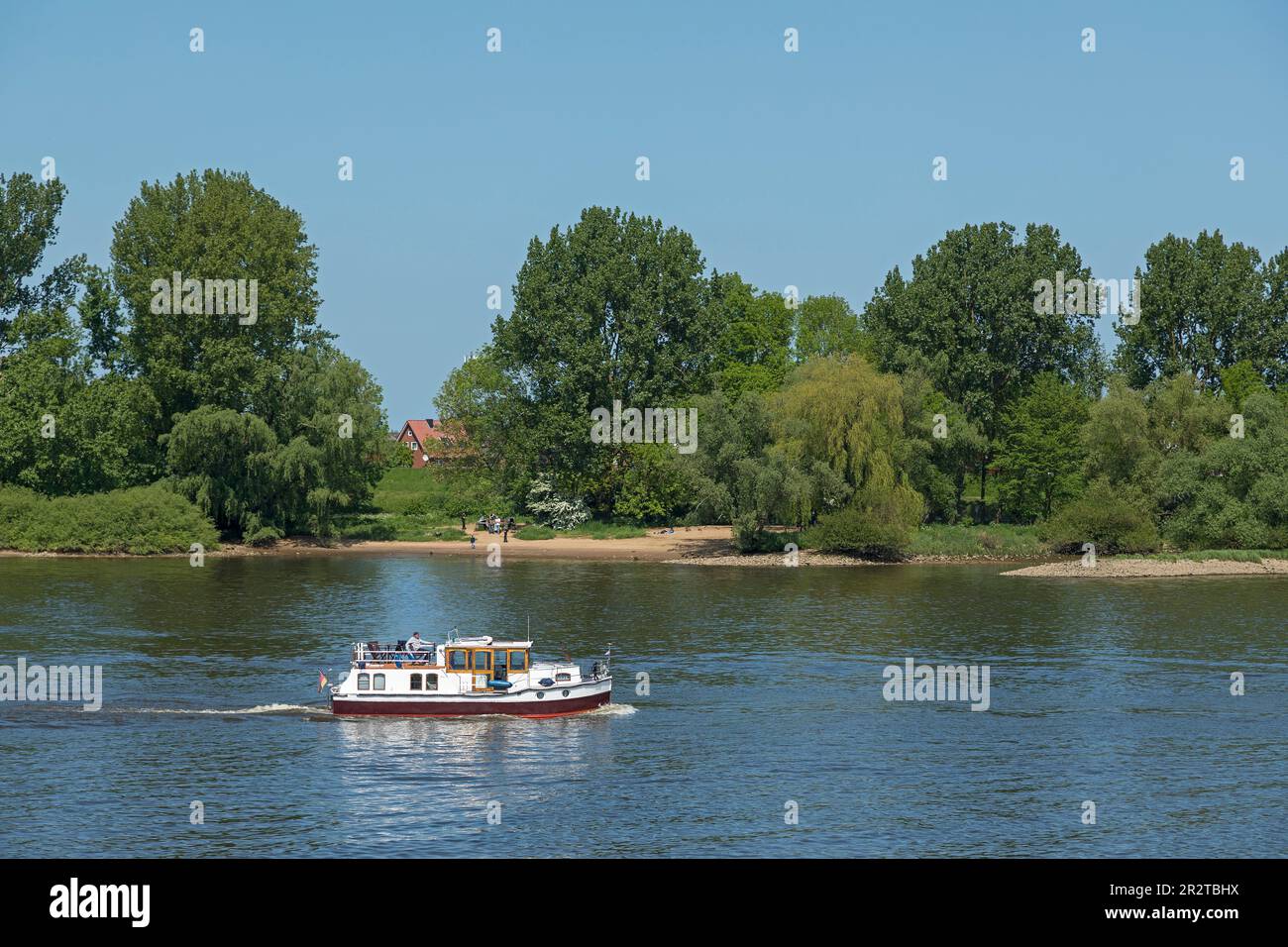 Bateau, Rivière Elbe, Hoopte, Winsen (Luhe), Basse-Saxe, De l'autre côté de la rivière se trouve Zollenspieker, Hambourg, Allemagne Banque D'Images