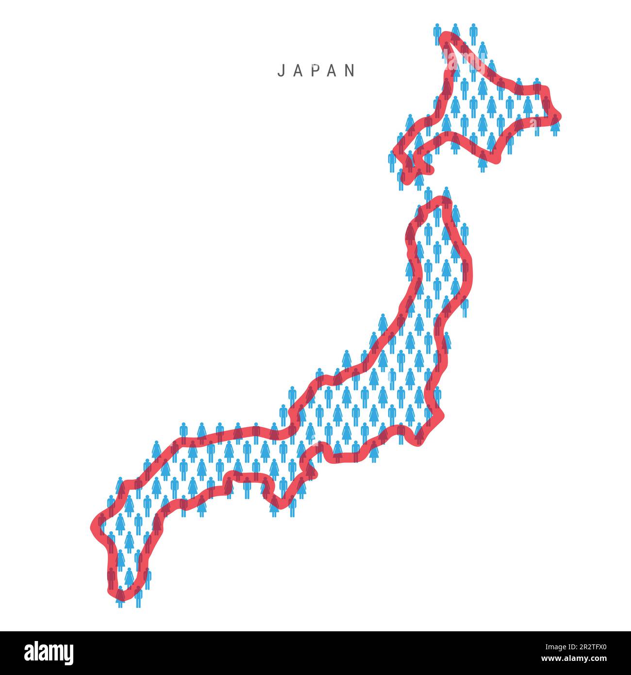 Carte de la population du Japon. Chiffres en bâton carte du peuple japonais avec une frontière rouge rouge translucide de pays. Modèle d'icônes hommes et femmes. Vecteur illu isolé Illustration de Vecteur