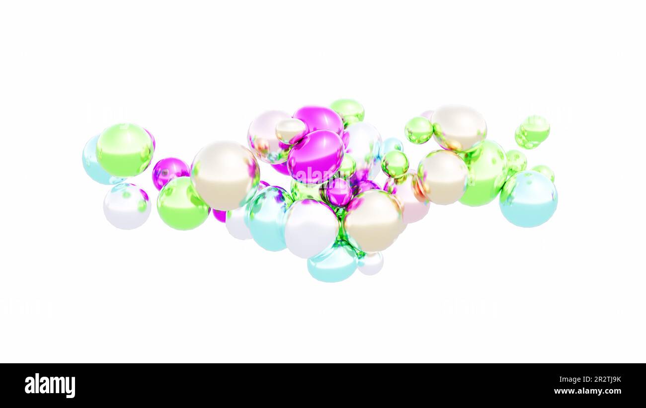 Des boules de sphères souples en métal se heurtent et se collent ensemble sur un dos transparent 3D rendu Banque D'Images