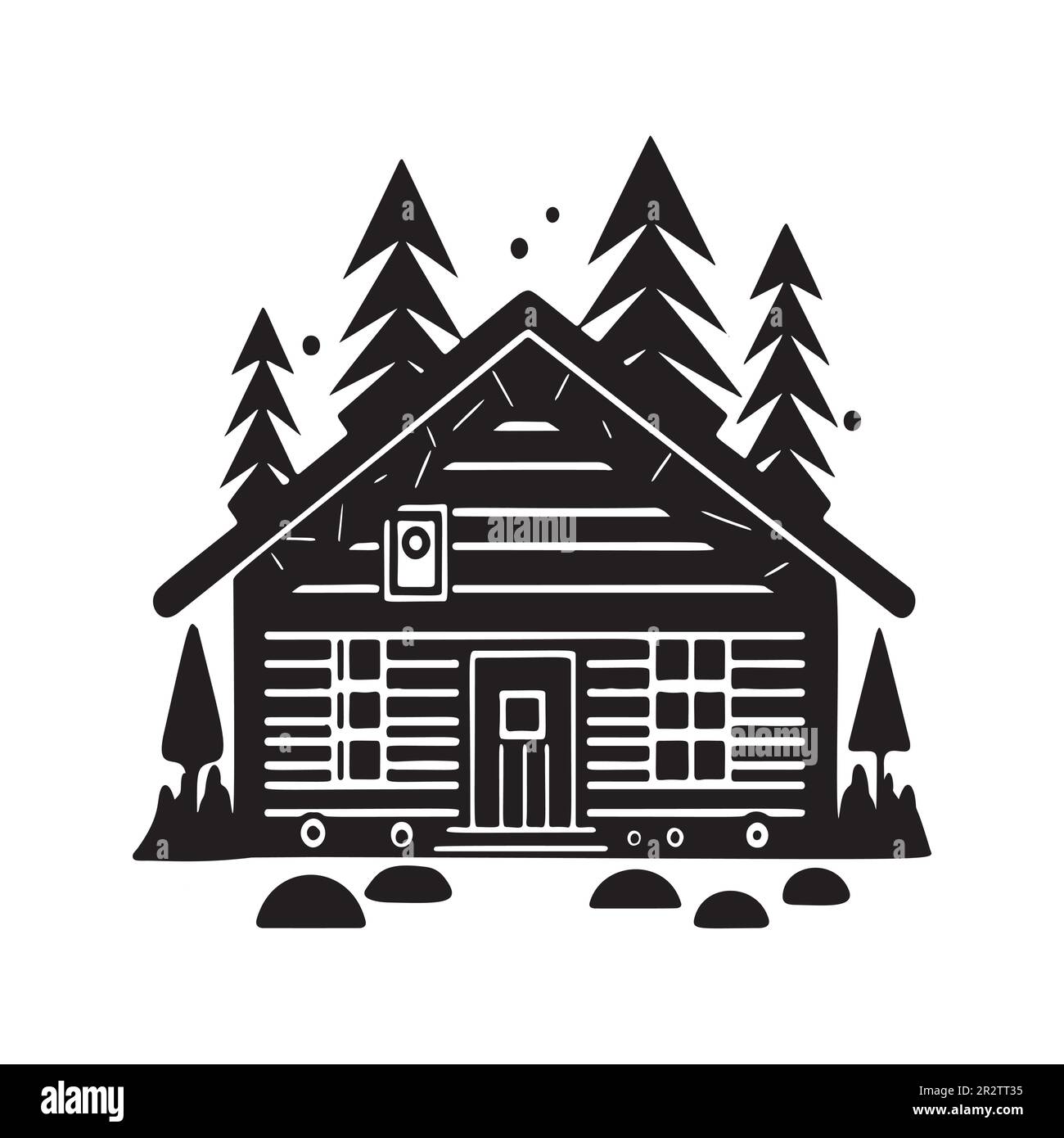 Chalet en bois dans l'illustration vectorielle de style scandi Linocut. Chalet alpin dans le village de vacances de campagne dessin animé. Illustration de Vecteur