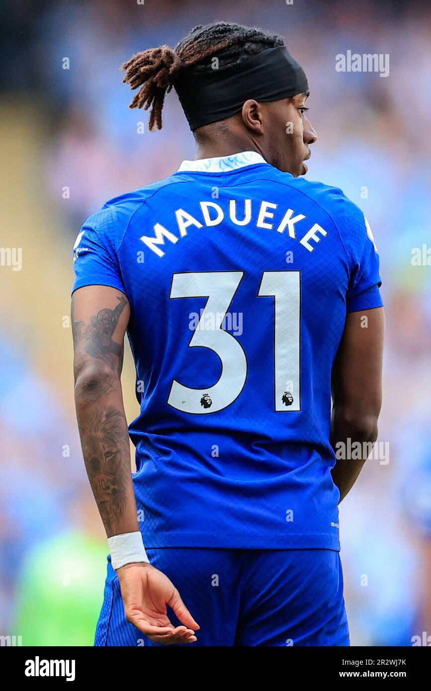 Le dos de Noni Madueke #31 du maillot de Chelsea lors du match de la première ligue Manchester City contre Chelsea au stade Etihad, Manchester, Royaume-Uni, 21st mai 2023 (photo de Conor Molloy/News Images) Banque D'Images