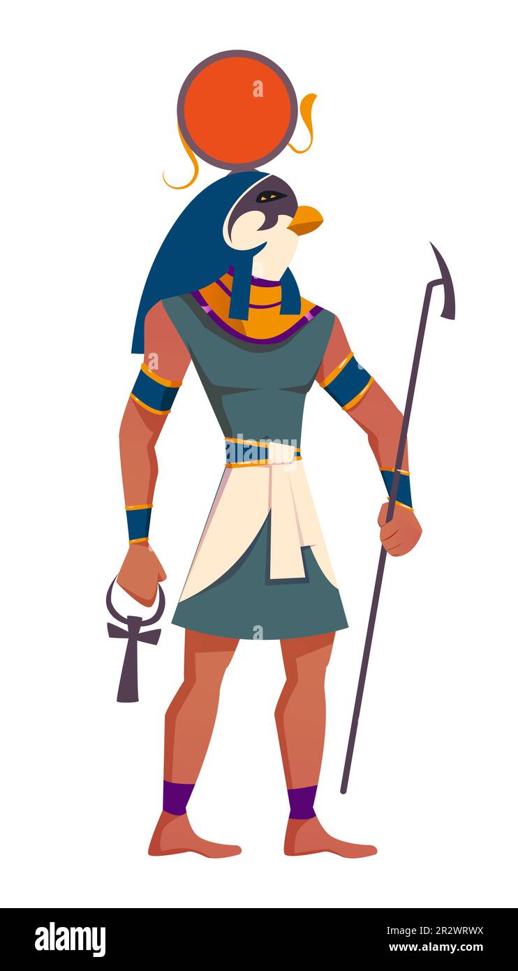 Ancienne Égypte soleil dieu Ra illustration vectorielle plate. Divinité à la figure humaine avec tête falcon dans disque solaire et serpent. Symbole religieux de la culture égyptienne isolé sur fond blanc. Illustration de Vecteur