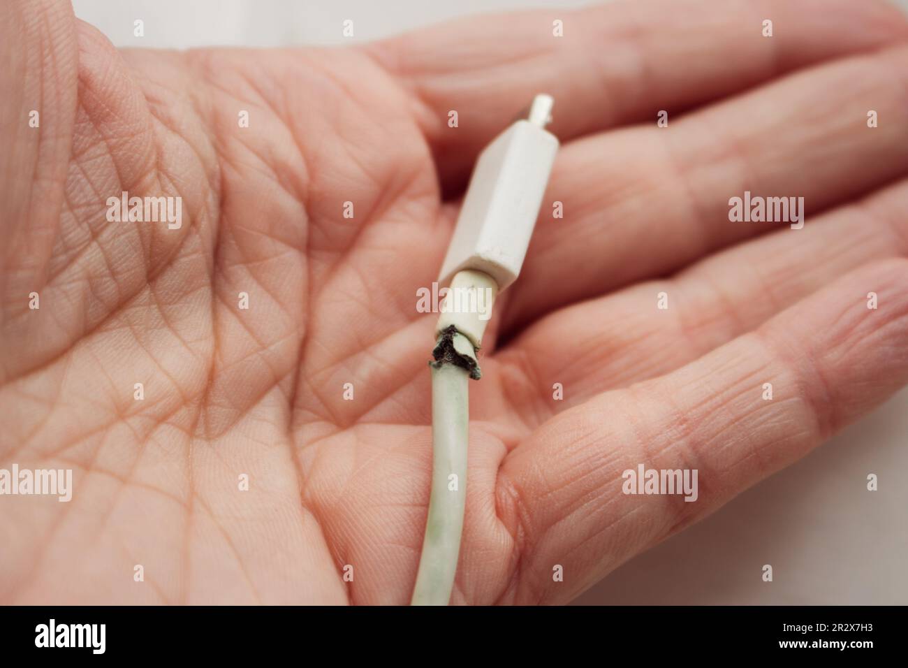 Fiche électrique cassée dans la main. Cordon d'alimentation cassé dans la main d'une femme. Cordon usb cassé. Smartphone. Câble pour téléphone portable. Banque D'Images