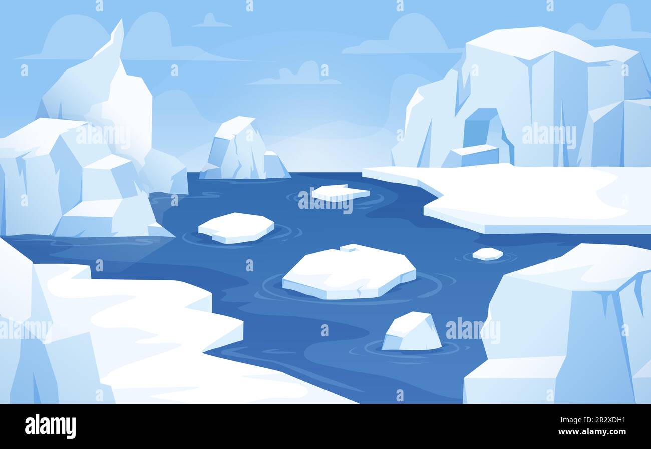 Caricature fond arctique, icebergs flottant paysage antarctique. Belle mer ou océan, glaciers et montagnes de glace. Scène de vecteur nord très serrée Illustration de Vecteur