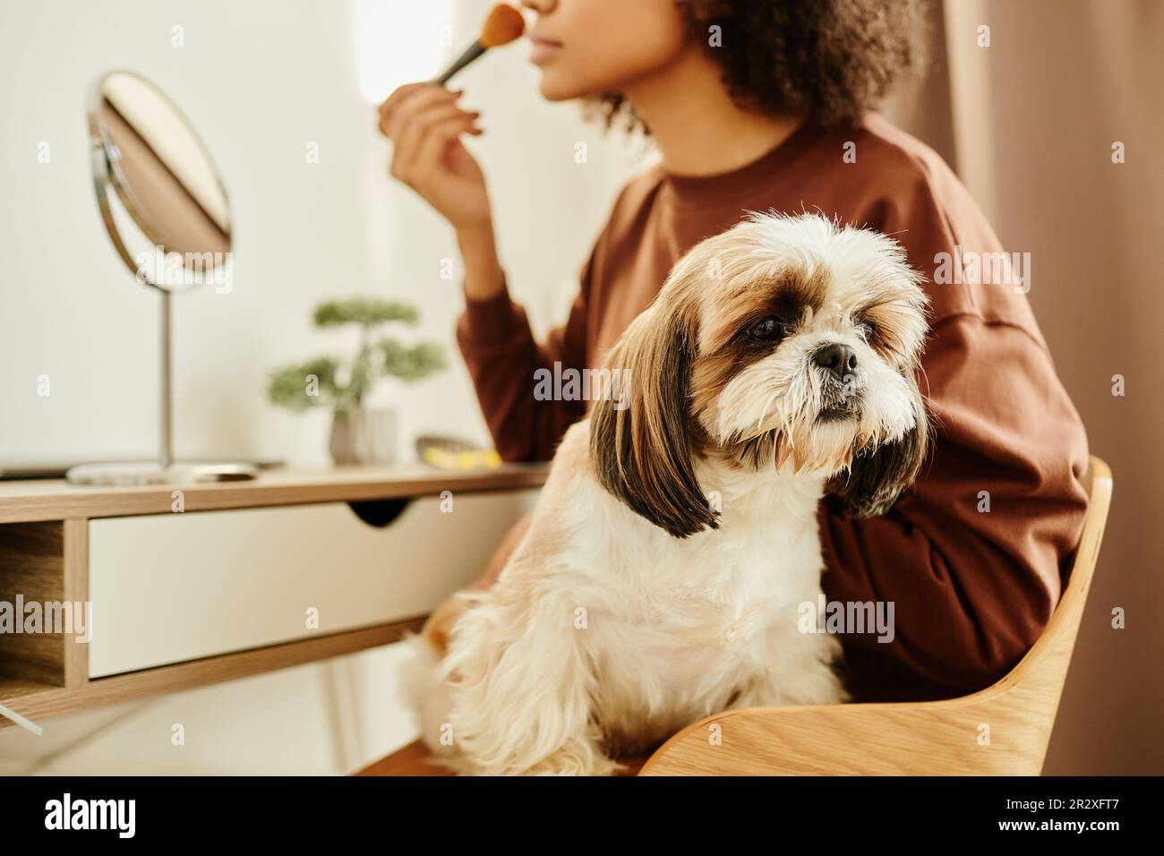 Gros plan de la jeune femme noire faisant le maquillage à la coiffeuse table avec le mignon petit chien assis dans les genoux Banque D'Images