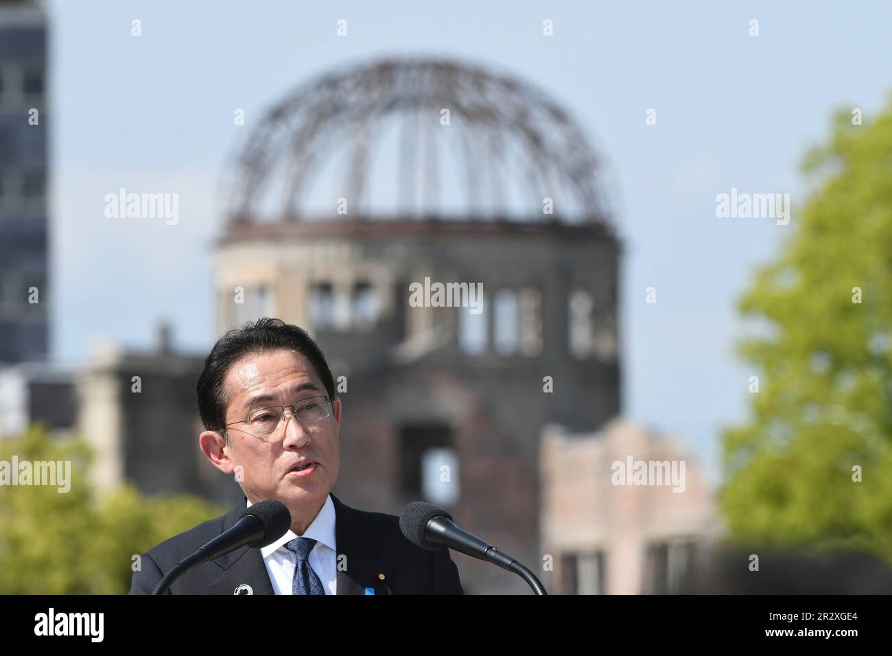 Hiroshima, Japon. 21st mai 2023. Le Premier ministre japonais Fumio Kishida tient une conférence de presse à la fin du Sommet des dirigeants de G7 au Mémorial de la paix d'Hiroshima, à 21 mai 2023, à Hiroshima, au Japon. Crédit: Photo de piscine/G7 Hiroshima/Alamy Live News Banque D'Images