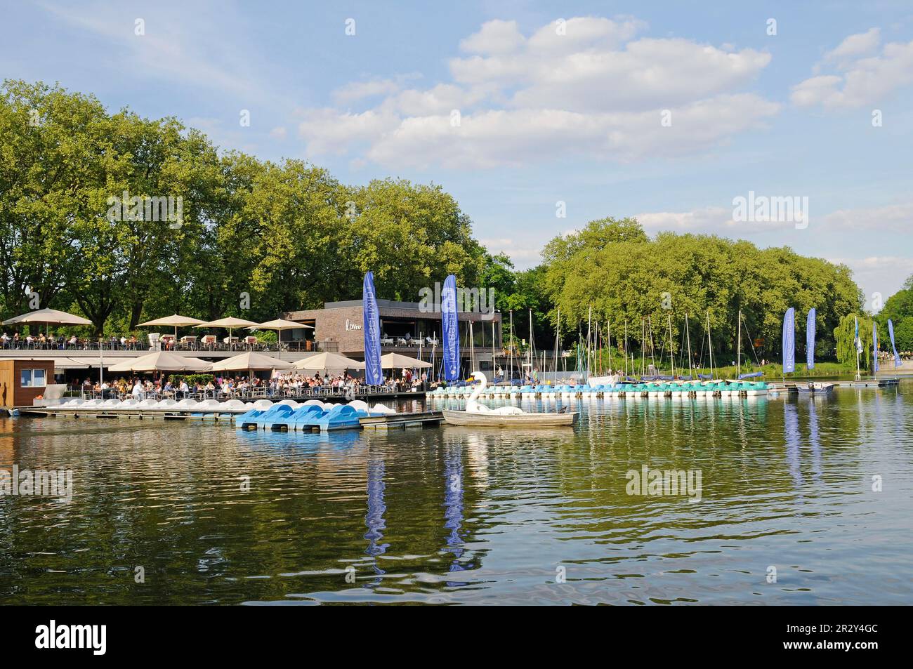 Aaseeterassen, restaurant, location de bateaux, port, Aasee, lac, aire de loisirs locale, Muenster, Muensterland, Rhénanie-du-Nord-Westphalie, Allemagne Banque D'Images